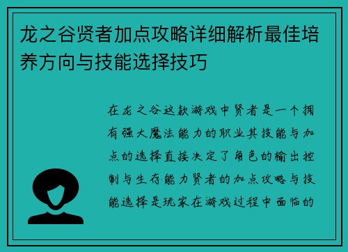 龙之谷贤者加点攻略详细解析最佳培养方向与技能选择技巧
